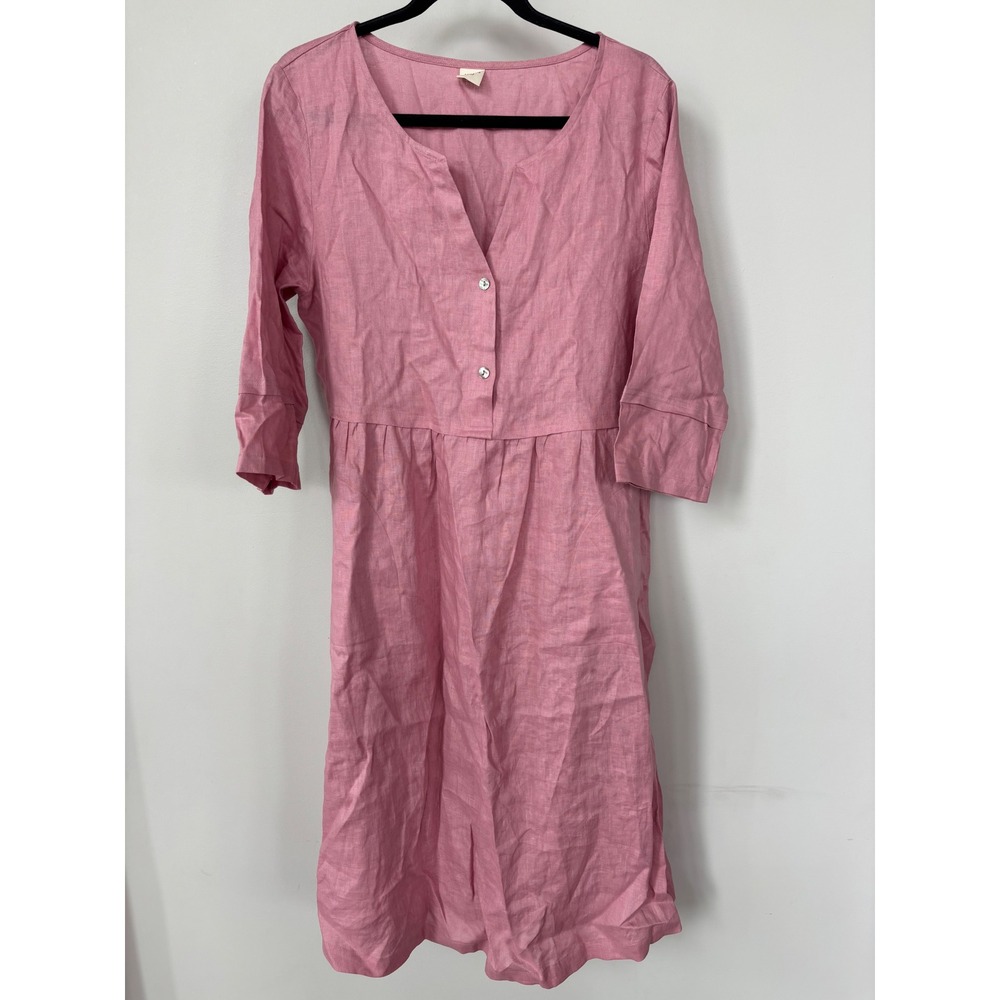 Lintico Pink 100% Linen Midi Dress Womens Large V-Neck Button Front Pockets